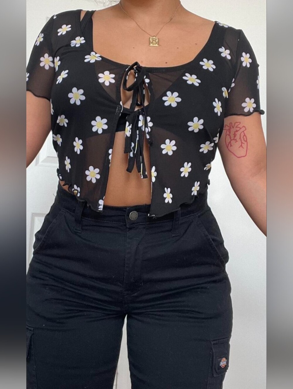Forever 21 Black Daisy Print Tie-Front Sheer Crop Top